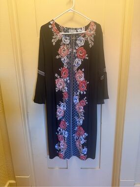 JM Collection Black Long-Sleeve Dress with Coral & Blue Rose Trim